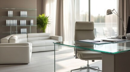 Fototapeta premium A modern business office with a glass desk, a sleek office chair, and a comfortable white leather sofa.