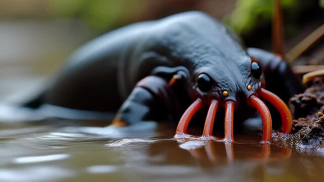 CloseUp Video: Mole Rat Submerged in Water with Intricate Long Legs. A close up of a black and  salamander in water.