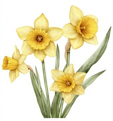 Fototapeta premium Watercolor daffodil flowers in bloom, full spring yellow blossoms with leaves on white background 