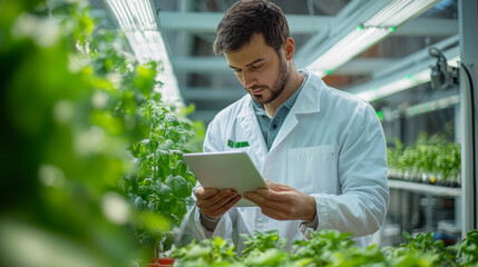 A professional male bioengineer inspects crops in a high-tech vertical farm