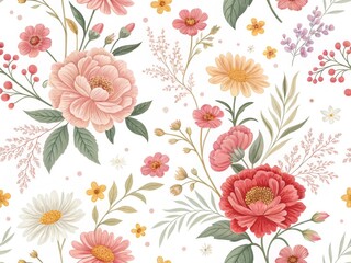 Delicate Floral Seamless Pattern with Pastel Roses and Daisies