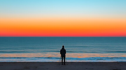 Naklejka premium Photographer silhouetted against vibrant sunrise ocean