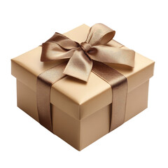 Obraz premium A luxurious gold gift box elegantly tied with a rich brown satin ribbon, promising a special surprise and joyful anticipation.