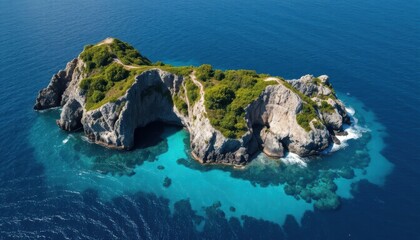 Aerial view of a secluded island surrounded by vibrant blue ocean  