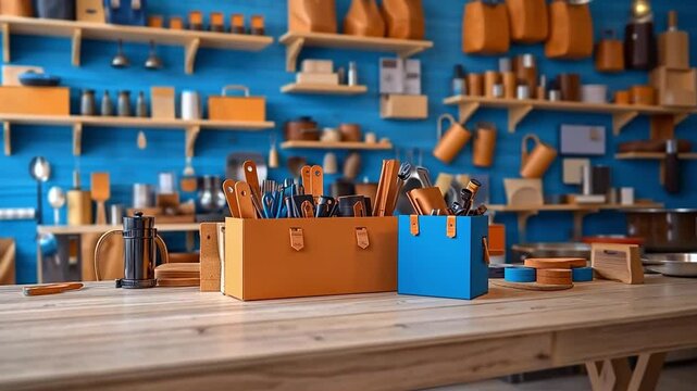 Colorful Workshop with Assorted Tools and Crafts Supplies on Wooden Table Against Blue Wall