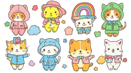 design cute animal wear suite with line color style more action in white background isolated on white,clip art ,remain space between border each corner and rainbow and toy and hat and heart
