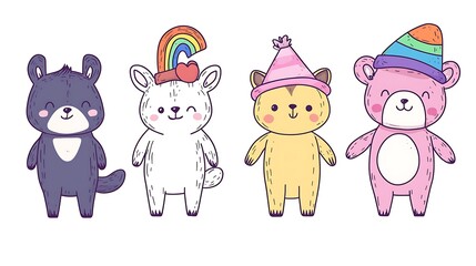 Obraz premium design cute animal wear suite with line color style more action in white background isolated on white,clip art ,remain space between border each corner and rainbow and toy and hat and heart 