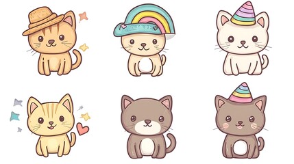 Fototapeta premium design cute animal wear suite with line color style more action in white background isolated on white,clip art ,remain space between border each corner and rainbow and toy and hat and heart 