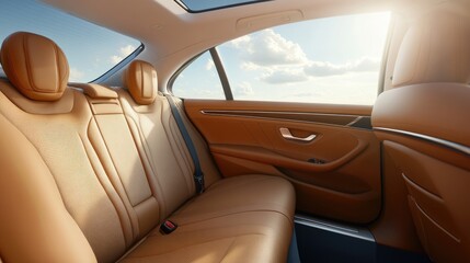 Luxurious Leather Interior of a Modern Car with Sunlit Skies