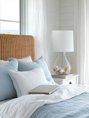 Minimalist interior design of modern coastal bedroom with wicker headboard
