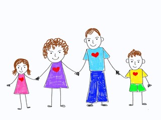 Like children drawing family mother father son daughter illustration drawn with pencils mummy daddy sister brother 