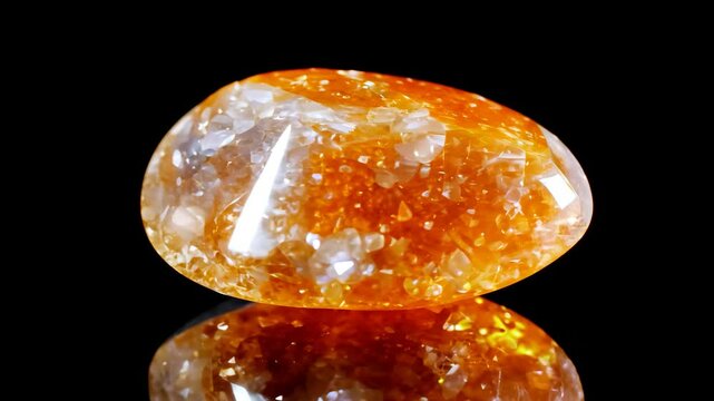 A polished amber sunstone gemstone with a vibrant orange hue, showcasing its translucent quality and natural inclusions. The stone is placed on a reflective surface against a black background.