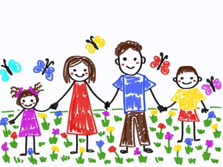 Fototapeta premium Like children drawing family mother father son daughter illustration drawn with pencils mummy daddy sister brother 