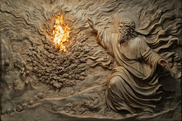 The story of Moses and the burning bush. Marble statue.