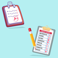 Vector educativo con boletín de calificaciones y lista de tareas.