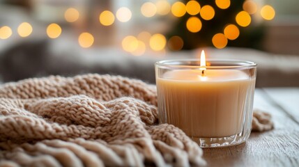Warm Candlelight and Knitted Blanket on Wooden Table