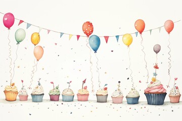 A collection of birthday- themed items like cupcakes, streamers, and party hats, all illustrated in colourful and vibrant colours on a white background