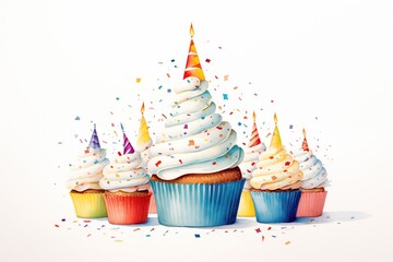 Multiple cupcakes with frosting and candles all illustrated in colourful and vibrant colours on a white background