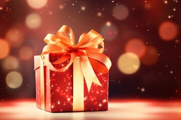 A closeup of a birthday present wrapped in shiny red paper, with a golden bow, set on a background with soft glowing lights 