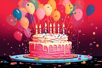 A colourful birthday cake with candles, balloons floating around, and confetti in the air, depicted and isolated on a white background