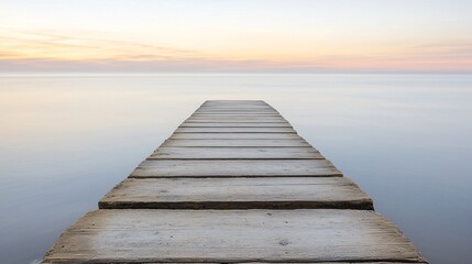 Obraz premium Wooden pier extending into calm ocean at dusk, with soft pastel sky hues. Peaceful, serene scene
