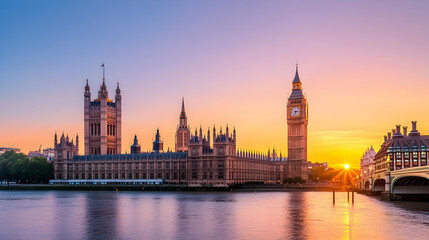 Obraz premium Sunset View Of Parliament And Big Ben Along Thames River With Golden Orange Hues In London England