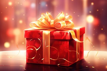 A closeup of a birthday present wrapped in shiny red paper, with a golden bow, set on a background with soft glowing lights 