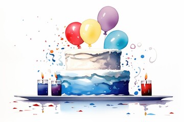 A colourful birthday cake with candles, balloons floating around, and confetti in the air, depicted and isolated on a white background