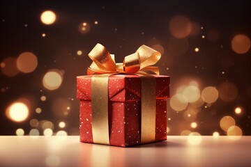 A closeup of a birthday present wrapped in shiny red paper, with a golden bow, set on a background with soft glowing lights 