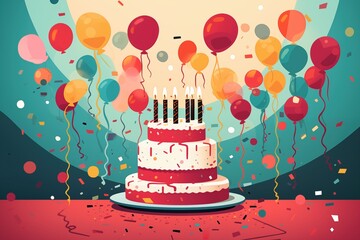 A colourful birthday cake with candles, balloons floating around, and confetti in the air, on a colourful background 