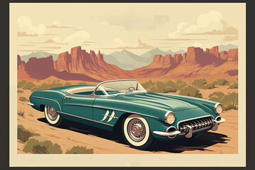 A vintage car cruising along a road through a stunning landscape, mountains, desert, coastal highways.
