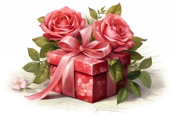 A vintage- style illustration of a birthday gift box with red wrapping, surrounded by roses, all against a bright white background 