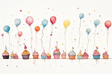 A collection of birthday- themed items like cupcakes, streamers, and party hats, all illustrated in colourful and vibrant colours on a white background 