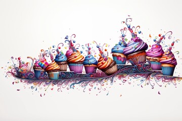 An illustration representing multiple cupcakes with frosting,  all illustrated in colourful and vibrant colours on a white background 