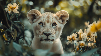 Obraz premium Close up of a white lion cub surrounded by flowers in a natural habitat looking at the camera
