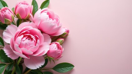 Fototapeta premium Pink Peonies Floral - Romantic Feminine Copy Space. Ideal for romantic greeting cards, feminine website banners, floral invitation designs, beauty product advertisements