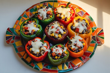 Fototapeta premium Delicious stuffed bell peppers recipe with quinoa corn and black beans on a mosaic plate