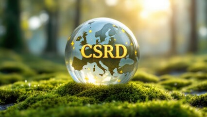 Transparent globe with CSRD logo resting on moss, symbolizing sustainability.