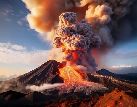Volcan en action avec un grand panache de fum&eacute;e et de lave