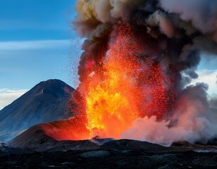 explosion de magma d'un volcan en éruption sur un ciel bleu en ia