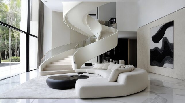 A minimalist luxury living room with a dramatic spiral staircase that enhances the modern design. The white and grey color scheme pairs beautifully with large windows,