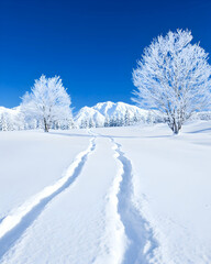 Obraz premium Snow-covered path leads to majestic mountains under a vibrant blue sky; frost-covered trees line the way
