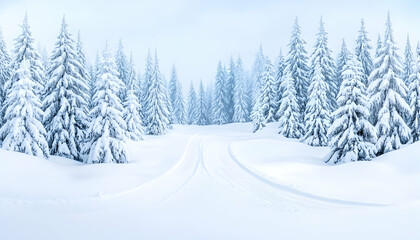 Obraz premium Snow-covered path winding through a serene winter forest (2)