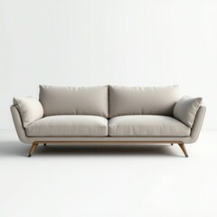 Fototapeta premium Stylish modern beige sofa with plush cushions and wooden legs, perfect for contemporary living spaces.