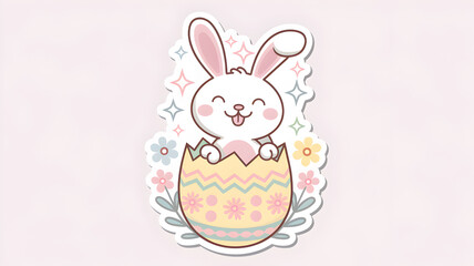 Cute cartoon bunny emerging from a colorful decorated egg, surrounded by flowers and sparkles