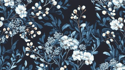 Seamless dark blue floral pattern with white flowers and berries.