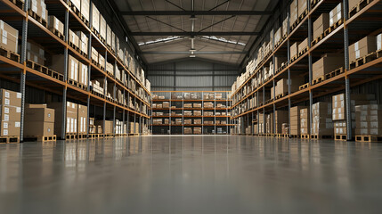 Fototapeta premium Interior Of Large Warehouse With High Shelving And Cardboard Boxes