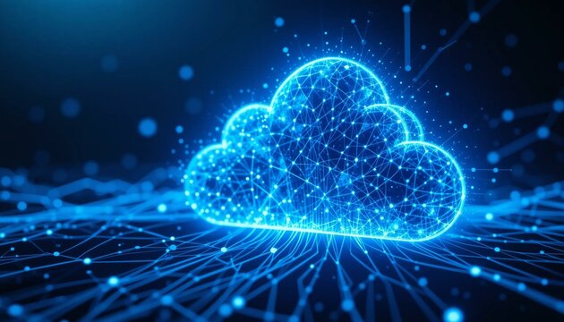 Cloud bleu num&eacute;rique avec connexions et particules, concept stockage base de donn&eacute;es ordinateur pc r&eacute;seau.