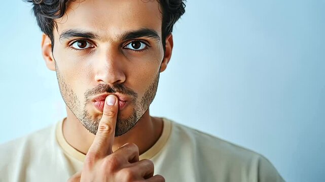 Young man asking for silence with his finger to his lips and mouth taped, creating a quiet and calm atmosphere. young man, asking for silence, shhh gesture, taped mouth, quiet atmo AI