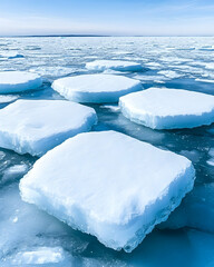 Square ice floes float on a calm, blue ocean under a clear sky